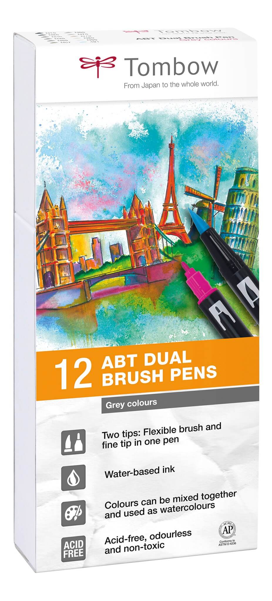 Tombow Abt Dual Brush 12p- Grå Farver 12 Stk Tusch Med Dobbeltspids