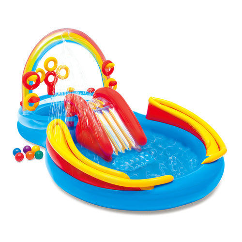 Rainbow Vandlegeplads Med Rutsjebane  Springvand  Ringe Og Bolde  297   193   135 Cm